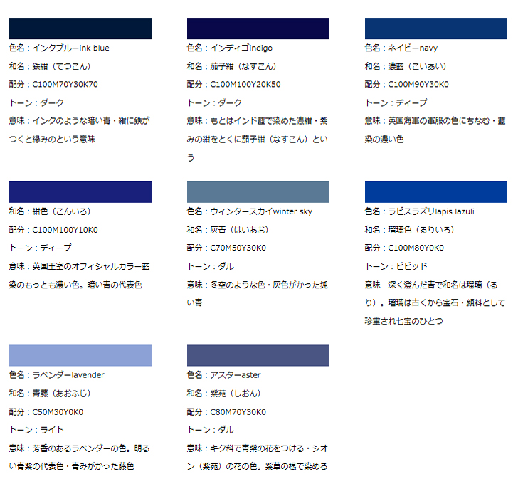タペストリーの卸-8種類の紺系の色見本をご紹介致します