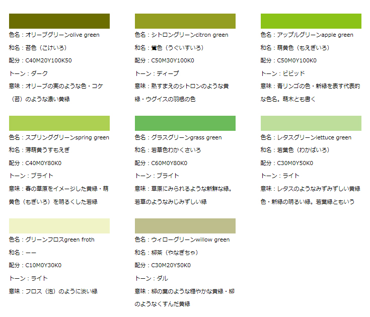 タペストリーの卸-8種類の黄緑系の色見本をご紹介致します